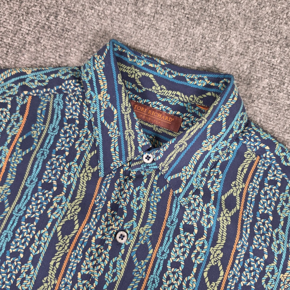 Tori Richard Silk Button Up Shirt Mens XL Blue Nautical Rope Knot Aloha Hawaii